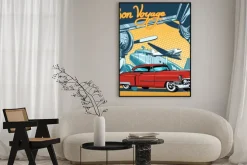 Plakat: Retro czerwony samochód na drodze startowej pop art retro stylu