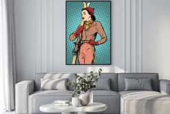 Plakat: Retro dziewczyna z nartami