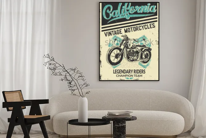 Plakat: Retro grafika z motocyklem i napisem california