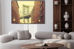 Plakat: Retro stylizowany manhattan bridge widziany z dumbo w nowym jorku.