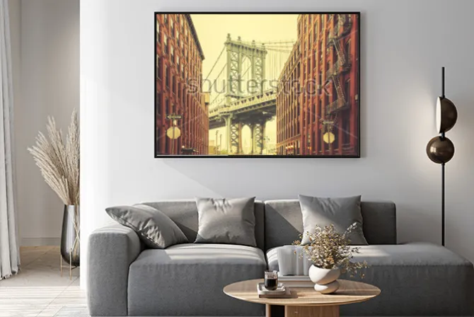 Plakat: Retro stylizowany manhattan bridge widziany z dumbo w nowym jorku.