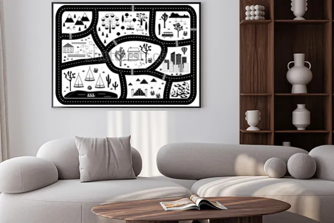 Plakat: Road, mountains and woods adventure map. kids play carpet or