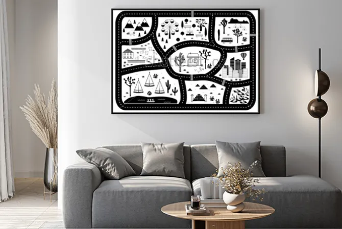 Plakat: Road, mountains and woods adventure map. kids play carpet or