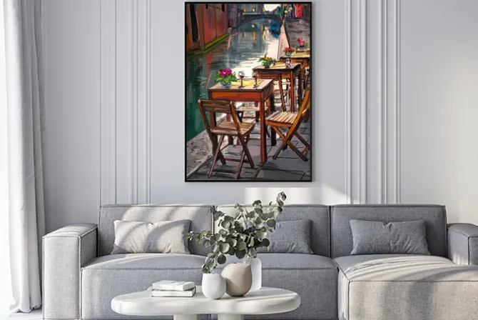 Plakat: Romantyczna kawiarnia przy rzece