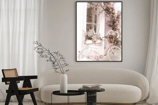 Plakat: Różowy rower z kwiatami