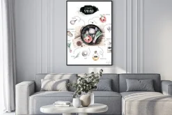 Plakat: Rysunek warzyw na żeliwnej patelni z podpisami