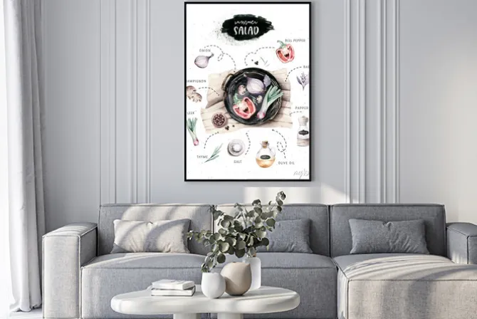 Plakat: Rysunek warzyw na żeliwnej patelni z podpisami