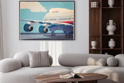 Plakat: Rysunkowy samolot pasażerski na pasie startowym