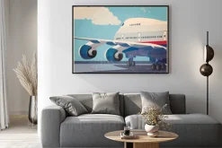 Plakat: Rysunkowy samolot pasażerski na pasie startowym