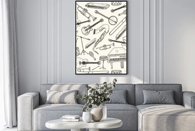 Plakat: Rysunkowy wzór z instrumentami muzycznymi