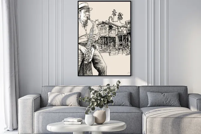 Plakat: Saksofonista na tle rzeki