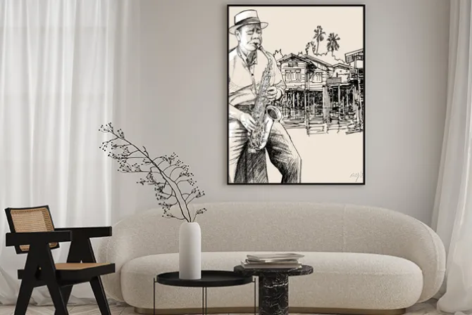 Plakat: Saksofonista na tle rzeki