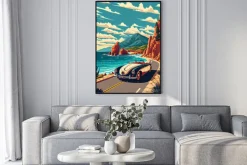 Plakat: Samochód jadący nadmorską drogą ilustracja vintage