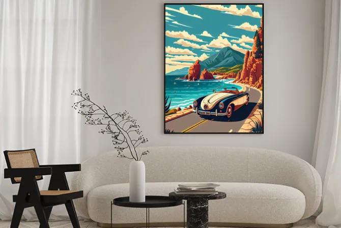 Plakat: Samochód jadący nadmorską drogą ilustracja vintage