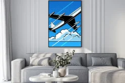 Plakat: Samolot pasażerski w chmurach tle retro