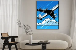 Plakat: Samolot pasażerski w chmurach tle retro