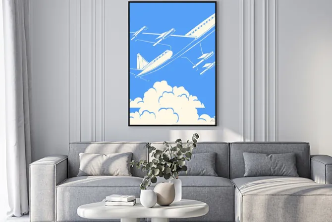 Plakat: Samolot pasażerski w chmurach tle retro
