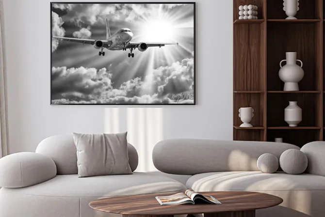 Plakat: Samolot pasażerski na tle słonecznego nieba