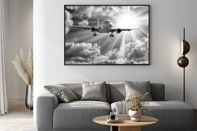 Plakat: Samolot pasażerski na tle słonecznego nieba
