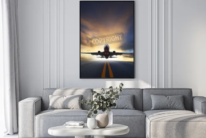 Plakat: Samolot pasażerski nad pasem startowym