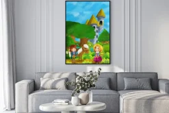 Plakat: Scena lasów kreskówek z księciem z koniem i księżniczką stoi