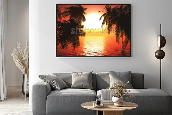 Plakat: Sea sunset among the palm trees, the sun over the water in the