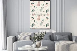 Plakat: Seamless pattern of woodland animals, trees, mountains