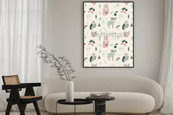 Plakat: Seamless pattern of woodland animals, trees, mountains