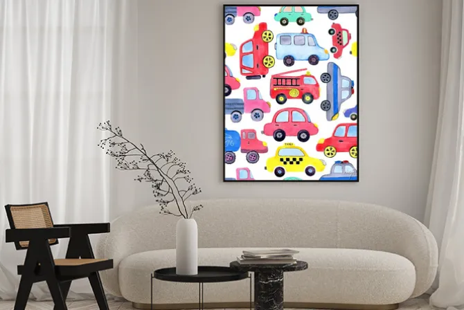 Plakat: Seamless pattern with watercolor cartoon cars and spare parts.