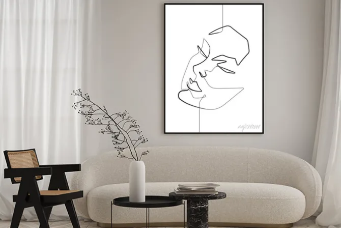 Plakat: Serene female face one single continuous line vector graphic