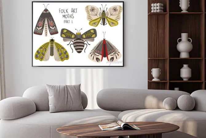 Plakat: Set of folk art decorated moths.