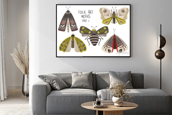 Plakat: Set of folk art decorated moths.