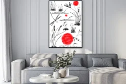 Plakat: Set of sun, bulrush, grass and dragonflies. watercolor and