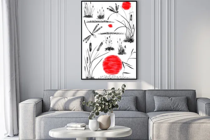 Plakat: Set of sun, bulrush, grass and dragonflies. watercolor and