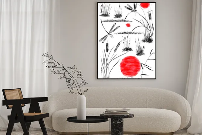 Plakat: Set of sun, bulrush, grass and dragonflies. watercolor and