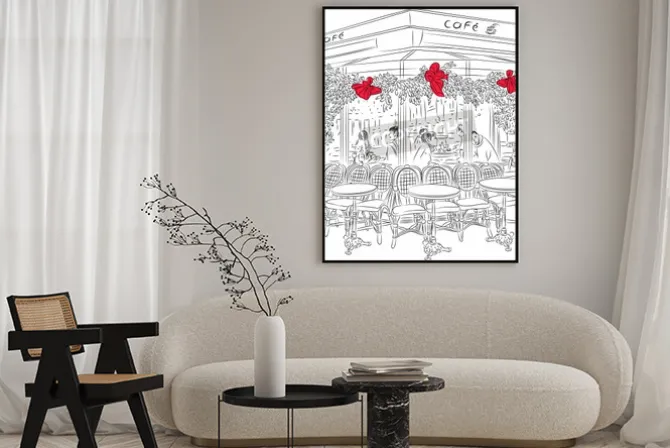 Plakat: Sketch of the parisian cafe with christmas decorations