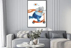 Plakat: Słoń na hulajnodze z serca. miłość. akwarela i gwasz ilustracja