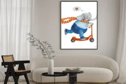 Plakat: Słoń na hulajnodze z serca. miłość. akwarela i gwasz ilustracja