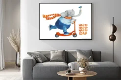 Plakat: Słoń na hulajnodze z ptakiem. szczęśliwy dzień. akwarela i gwasz