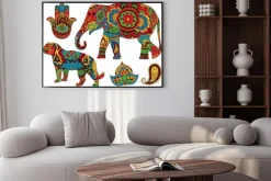 Plakat: Słoń, tygrys, butt i lotos, ręcznie malowane w stylu mehendi