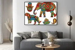 Plakat: Słoń, tygrys, butt i lotos, ręcznie malowane w stylu mehendi