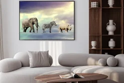 Plakat: Słoń, zebra, nosorożec chodzenia na linie