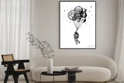 Plakat: Soaring spaceman. astronaut with planets. balloons in space.