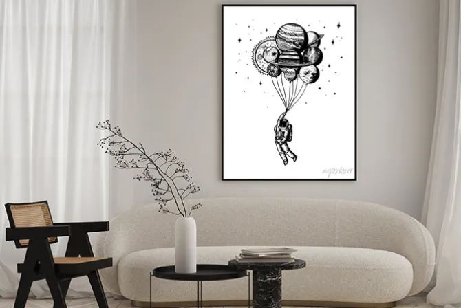 Plakat: Soaring spaceman. astronaut with planets. balloons in space.