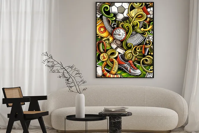 Plakat: Soccer hand drawn doodle banner. cartoon detailed illustrations.