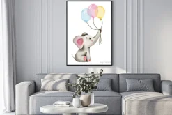 Plakat: Słonik z balonami malowany akwarelą
