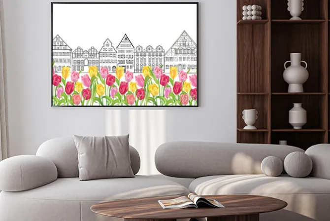 Plakat: Stare budynki i domy w amsterdamie z tulipanów kwiat alei.