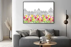 Plakat: Stare budynki i domy w amsterdamie z tulipanów kwiat alei.