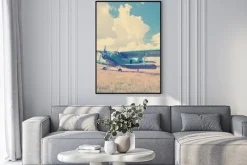 Plakat: Stary samolot na zielonej trawie