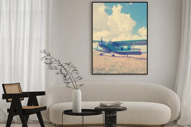 Plakat: Stary samolot na zielonej trawie